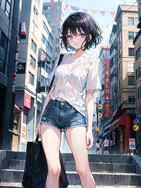 1girl, short black hair, blue eyes, wearing plain white shirt, denim shorts, city, absurdres, high res, ultrasharp, 8K, masterpiece, looking at viewer, smile, big tits