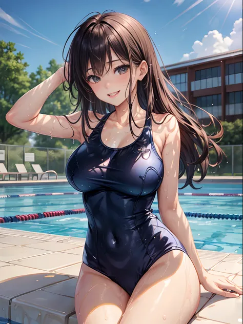 top-quality、Full limbs、complete fingers、one beautiful women、Slender woman、Beautiful Large Breasts、straight haired、Black hair、((Navy blue school swimsuit))、A big smile、sexypose、school swimming pool、school buildings、Wet texture、splash water、Sit by the pool