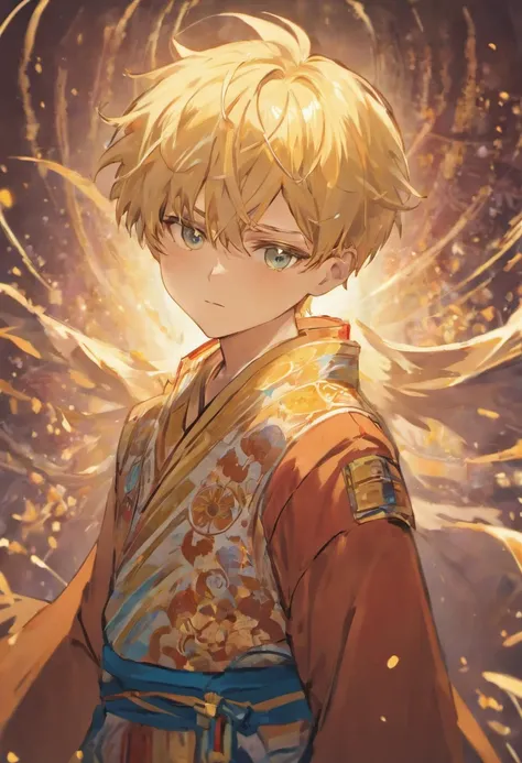 This boy has striking blonde hair that frames his face beautifully. Hes wearing a stylish mask that adds an air of mystery to his appearance. Completing his look, hes dressed in an elegant kimono, giving off an aura of traditional charm and modern coolness