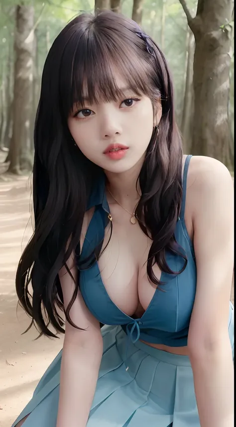 ((Lisa Blackpink)), bare breasts, big baggy tank top, big cleavage, tiny blue pleated skirt, no panties, black high heels, leaning forward, close up of breasts, very light skin, very long hair, wavy hair, camp, forest, photorealistic, indirect lighting, vo...