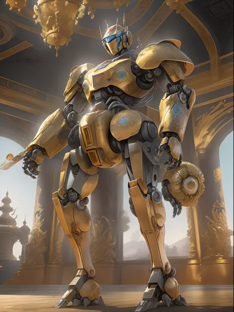 Intricately detailed Baroque-style mecha robot, engraved armor, cowboy shot, a golden palace in the background, cinematic lighting.