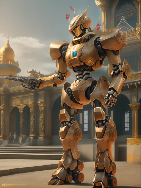 Intricately detailed Baroque-style mecha robot, engraved armor, cowboy shot, a golden palace in the background, cinematic lighting.