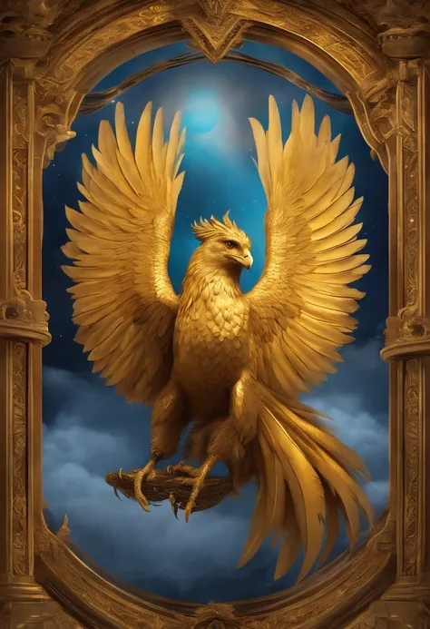 Create a golden-feathered hippogriff as an archetype of a therapy company called Hipnaturo