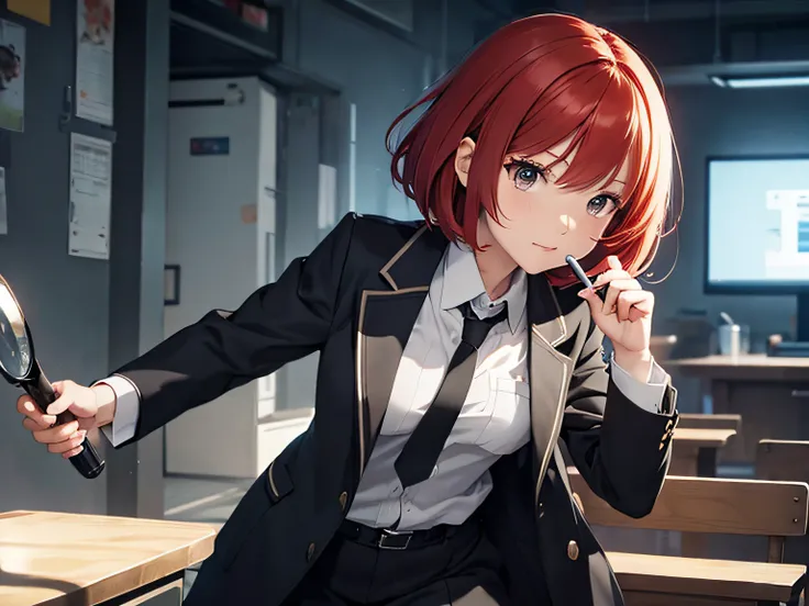 Dressed as a detective、The main character of the detective novel、Holding a magnifying glass in his hand、a short bob、Active girl with red hair、anime moe art style,High resolution 8K,