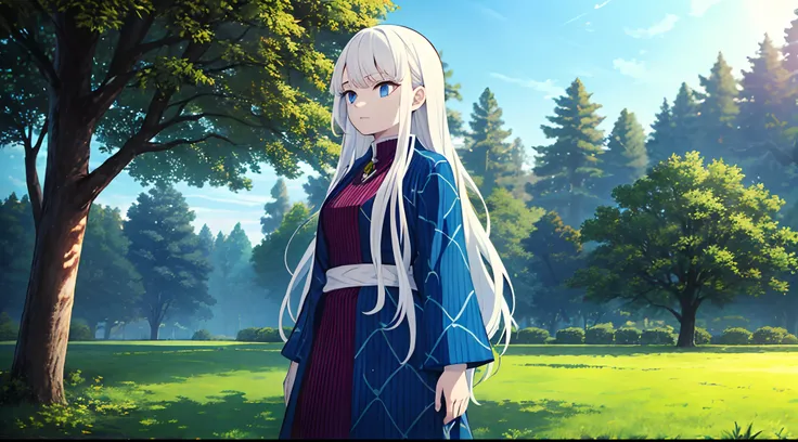 Masterpiece, Best Quality, 1Girl, Solo, Very long hair, white hair, Blue Haori with pattern, Light Blue eyes, Demon Slayer, cinematic light, outdoors, tree, blue sky