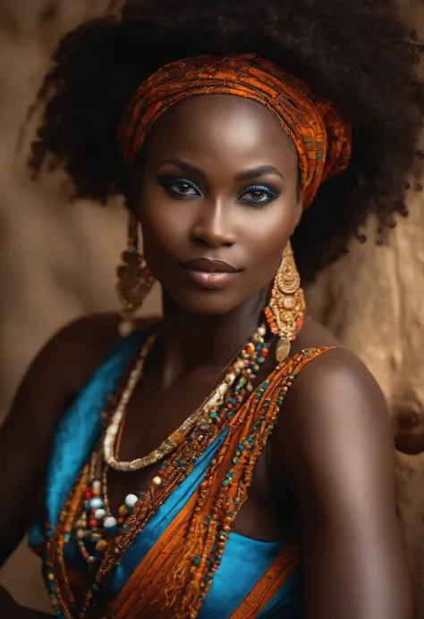 Sexy and elegant Beninese African woman lightskin with generous curves blue eyes long frizzy cheuveux in traditional outfits made of African loincloth