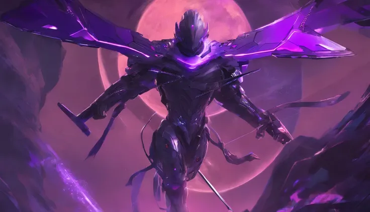 Young males，Dark Samurai，Gray hair， Fit and fit， There is a sword in hand，The sword glows purple，The back of the body grows wings