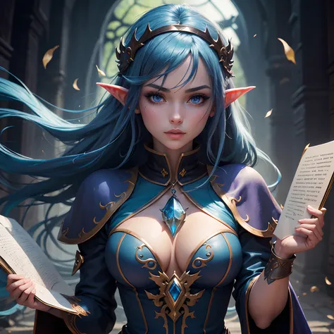 um close up de uma mulher com (cabelo azul escuro), elfo azul, Menina elfa, elfo feminino bonito e elegante, epic mage girl character, Retrato de elfo muito bonito, Retrato de uma maga elfa, maga elfa bonita e elegante, elfo bonito com vestes ornamentadas,...