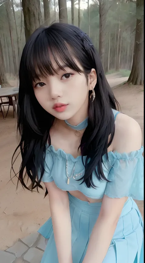 ((lisa blackpink)), bare breasts, wide neck t-shirt off shoulder, large neckline, tiny blue pleated skirt, no panties, black hig...