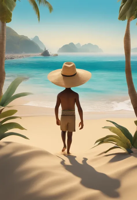 a Pixar 3D rendering of Baden Powell on the beach in Rio de Janeiro, with a playful yet respectful nod to the scouting movements adventurous spirit. The sand is intricately textured, and the waves exhibit a lively, animated quality. Baden Powells expressio...