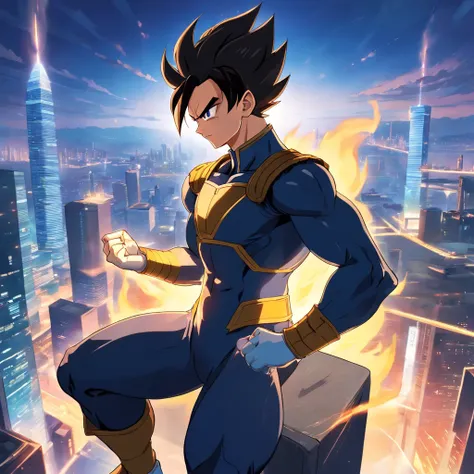 Vegeta, wearing a black suit, with a cigarette in his mouth, sitting on a chair that highlights his power and influence, masculine, Dragon Ball,illustration,highres,ultra-detailed,sharp focus,dramatic lighting,vivid colors,realistic style, cigarette smoke,...