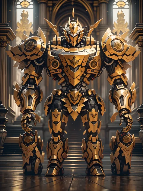 Intricately detailed Baroque-style mecha robot, engraved armor, cowboy shot, a golden palace in the background, cinematic lighting.