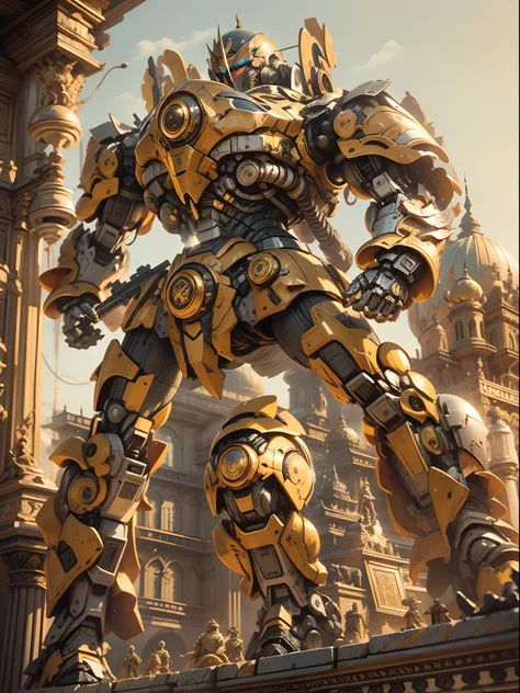 Intricately detailed Baroque-style mecha robot, engraved armor, cowboy shot, a golden palace in the background, cinematic lighting.