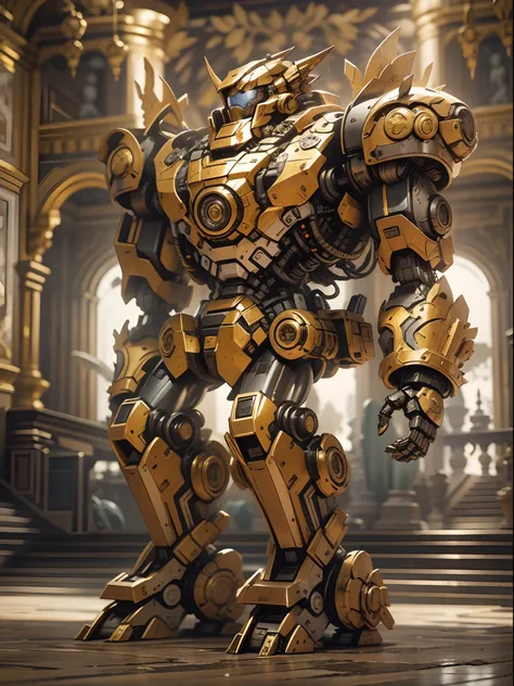 Intricately detailed Baroque-style mecha robot, engraved armor, cowboy shot, a golden palace in the background, cinematic lighting.