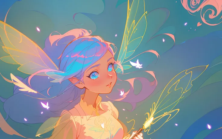 beautiful anime girl in flowing long sleeve ruffle layered ballgown, ((fairy wings)), inspired by Glen Keane, inspired by Lois van Baarle, (disney art style), by Lois van Baarle, glowing aura around her, by Glen Keane, jen bartel, glowing lights! digital p...