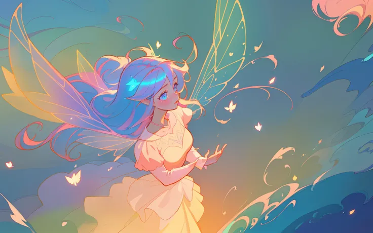 beautiful anime girl in flowing long sleeve ruffle layered ballgown, ((fairy wings)), inspired by Glen Keane, inspired by Lois van Baarle, (disney art style), by Lois van Baarle, glowing aura around her, by Glen Keane, jen bartel, glowing lights! digital p...