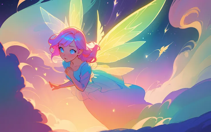 beautiful anime girl in flowing long sleeve ruffle layered ballgown, ((fairy wings)), inspired by Glen Keane, inspired by Lois van Baarle, (disney art style), by Lois van Baarle, glowing aura around her, by Glen Keane, jen bartel, glowing lights! digital p...