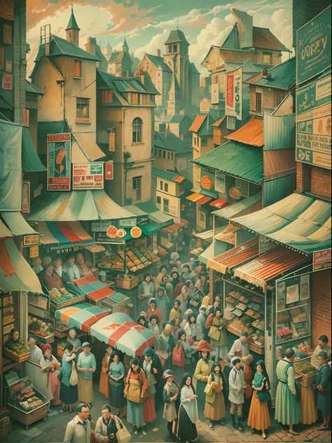 Cubist painting of a bustling city market with different perspectives of people and stalls