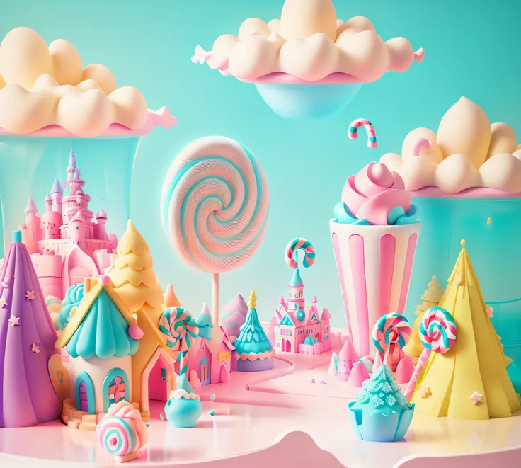 There is a candy paradise，There was a lot of sweets, Lollipop castle cake , candy forest, candyland, in a candy land style house, candyland, trend on behance 3 d art, trend on behance 3d art, 3 d stylize scene, pastel colourful 3 d, 3 D 插图, 3D illustration...