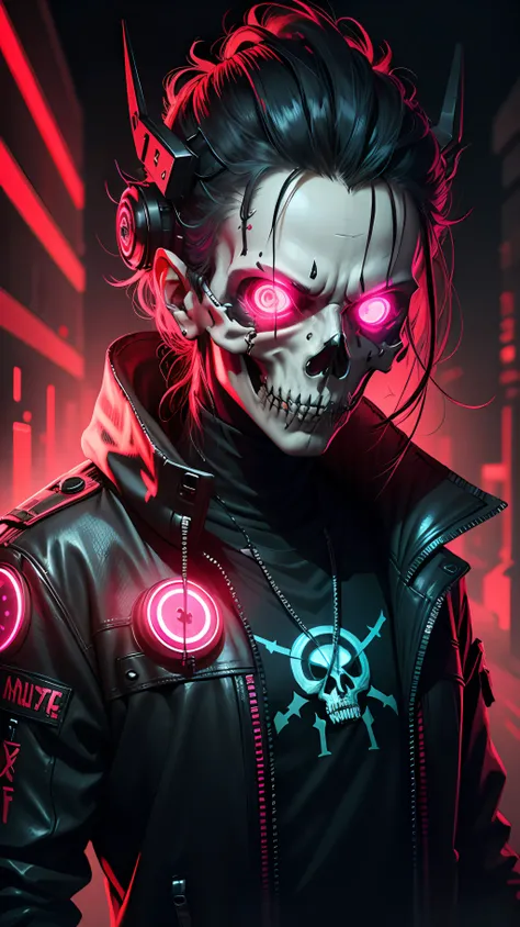 Cyberpunk punk skull in a background filled with darkness, neon red eyes highlighting its color above the others as if it were glowing brightly. Dark image background