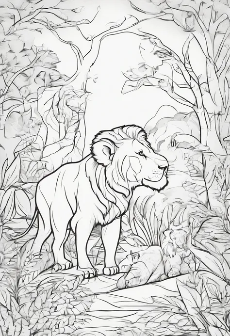 Lion, giraffe,Monkey in a tree,Elephant, tiger,Forest, beautiful nature kids style,animation graphique