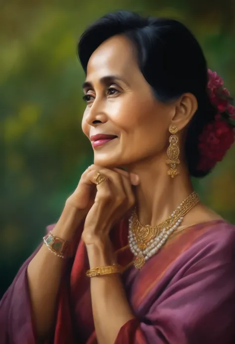 Daw Aung San SUU Kyi of Myanmar, detailed Portrait painting, gentle smile, looking at viewers,