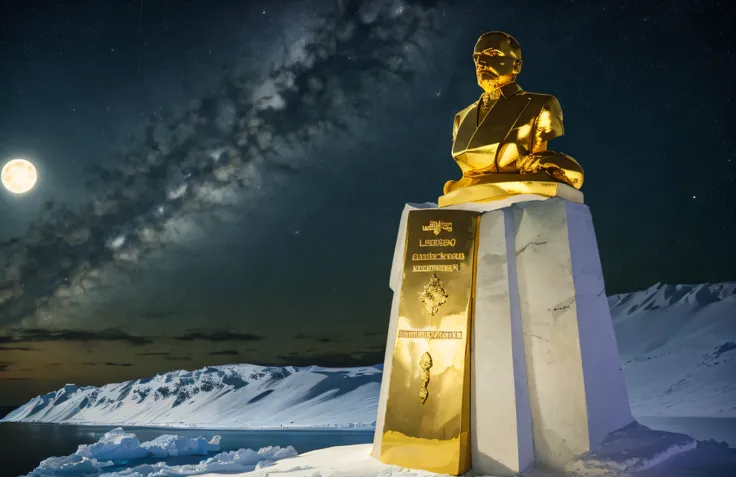 lenins statue made of solid 24 carat gold, glistening in the polar moonlight