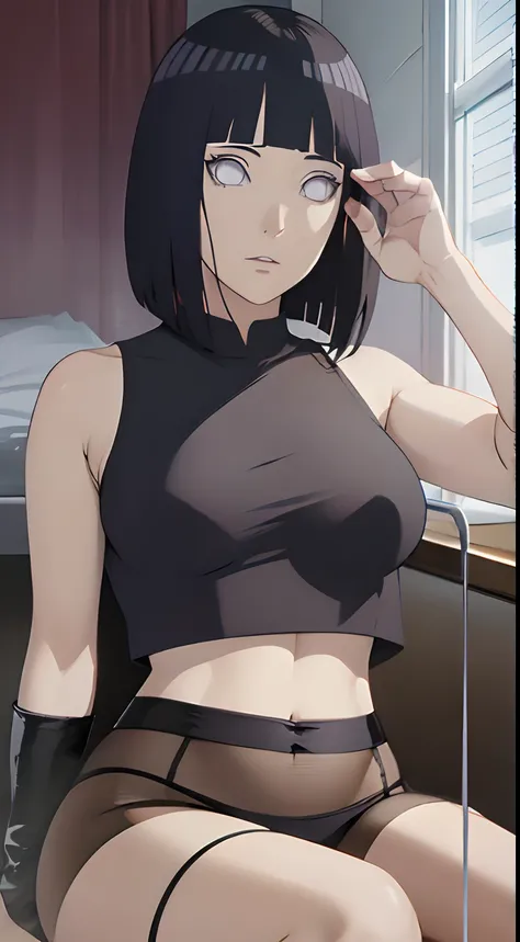 masterpiece, absurdres,hinata(boruto), 1girl,mature female, solo, crop top,wine,looking at viewer, caustics, sitting, crossed legs, bed, window