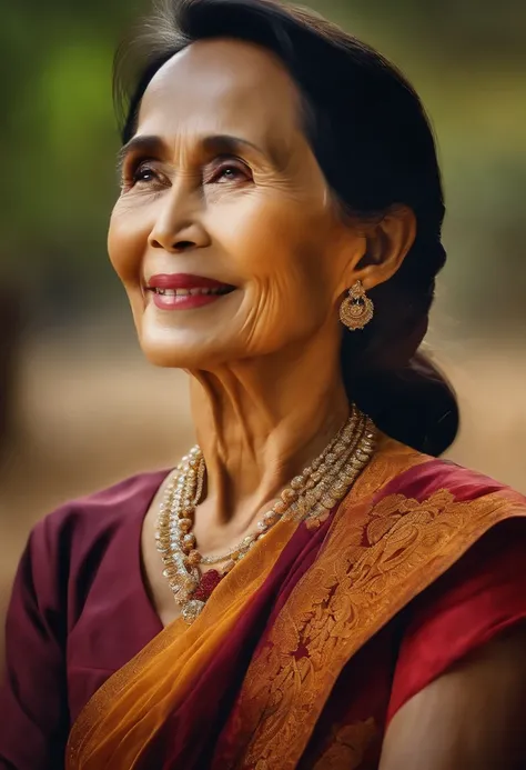 70 years old Daw Aung San SUU Kyi of Myanmar, detailed Portrait painting, gentle smile, looking at viewers, hyper detailed, masterpiece, 8k,