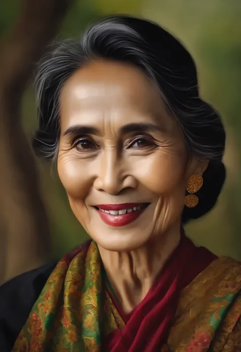 70 years old Daw Aung San SUU Kyi of Myanmar, detailed Portrait painting, gentle smile, looking at viewers, hyper detailed, masterpiece, 8k,