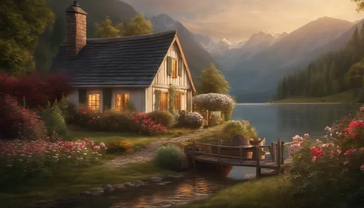 painting of a cottage, flowers beside of fence, fence along the road,  mountain landscape with a lake and a boat, illustration matte painting,  inspired by Thomas Kinkade, symmetric matte painting, detailed scenery , style raw, 8 k ultra detailed