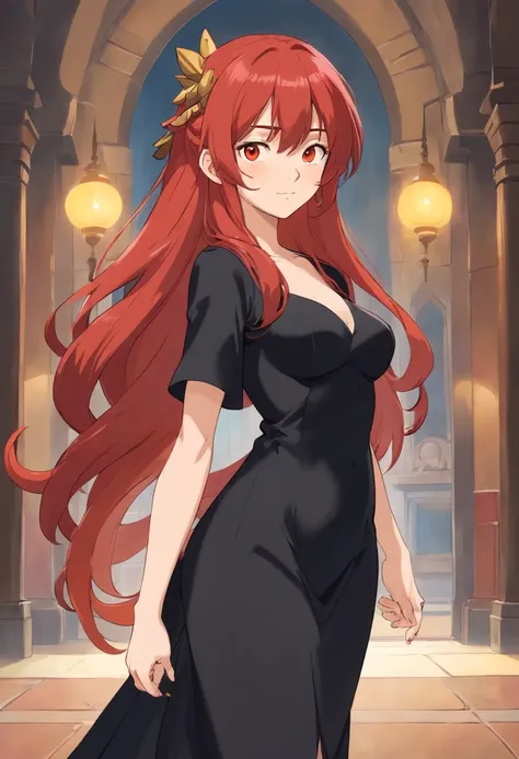 The woman, large breasts, long red hair, Black Dress, amber eyes, pointed ears (Characteristics sheet:1) (Several Kinds of Full Body Upper Body Reference Sheet:1)