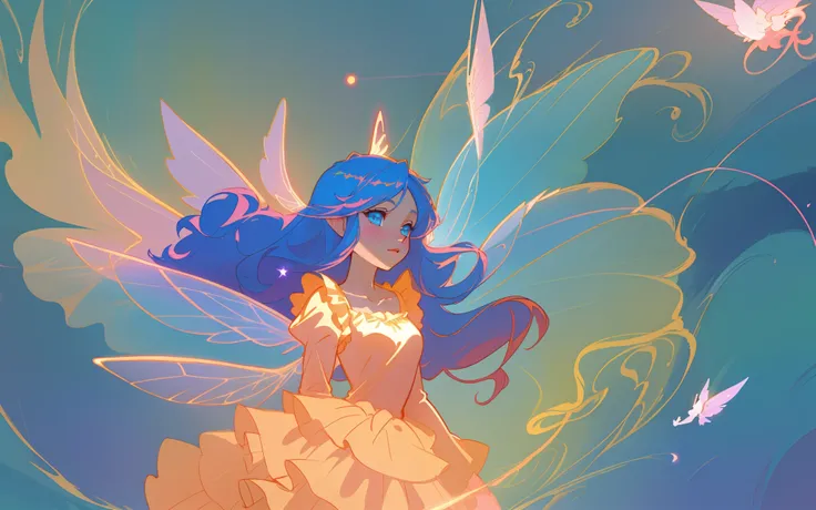 beautiful anime girl in flowing long sleeve ruffle layered ballgown, ((tiered layered ballgown)), ((fairy wings)), inspired by Glen Keane, inspired by Lois van Baarle, (disney art style), by Lois van Baarle, glowing aura around her, by Glen Keane, jen bart...