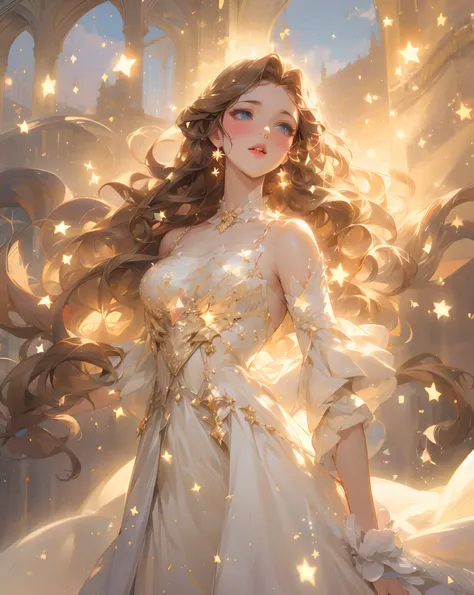 **beautiful opera singer, white sparkiling dress, long brown hair, blue eyes, lush lips, blush, singing, fantastic opera setting, stars, sparkles, anime art, --ar 2:3 --s 180** - (fast)