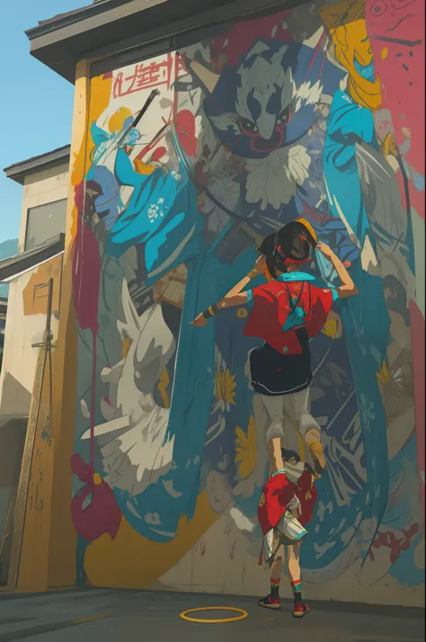 [Kimiyo, torn between her love for tradition and her newfound hip-hop spirit, takes a deep breath and begins to spray-paint a mural on the shrines outer wall. Her movements are deliberate, and her artistry shines through as she creates a stunning blend of ...