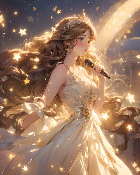 **beautiful opera singer, white sparkiling dress, long brown hair, blue eyes, lush lips, blush, singing, fantastic opera setting, stars, sparkles, anime art, --ar 2:3 --s 180** - (fast)