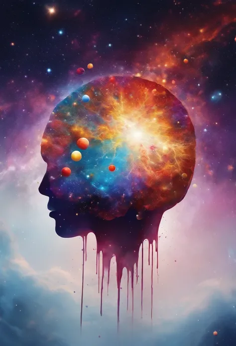 high quality, 8K Ultra HD. A painting with dripping and scattered paint, blurry, smudge outline. A pill-shaped brain, cracked open to reveal a universe of stars and galaxies, symbolizing the endless possibilities of the human mind.