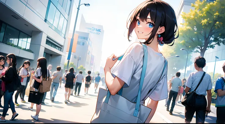 8k , 4k , masterpiece , 1 girl , half body , girl in the middle wearing white tshirt looking back at the camera , showing back , smiling happy expression ,  holding a white tote bag , scene is in front of a Convention entrance, vibrant color , happy vibe