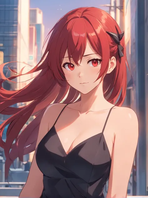 The woman, large breasts, Long red hair, Black Dress, amber eyes, pointed ears (Characteristics sheet:1) (Multiple Kinds of Whole Body Upper Body Reference Sheet:1)