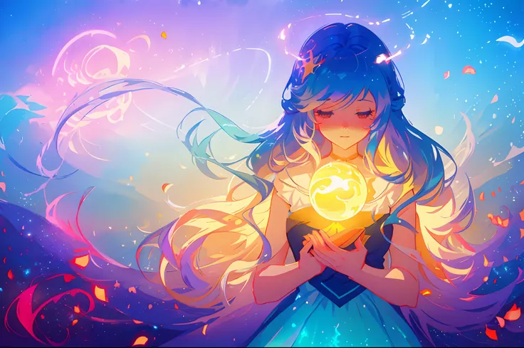 anime, a girl with long hair, in a white dress, holding a sphere of light, long glowing ethereal hair, glowing flowing hair, flowing glowing hair, anime girl with cosmic hair, beautiful young wind spirit, long glowing hair, beautiful anime art style, beaut...