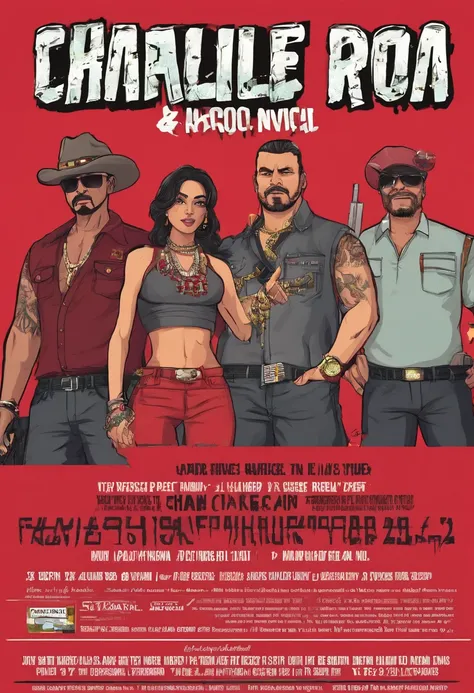 Create an event invitation flyer with Red, black, and grey colors with the following instructions: Title: "Charlie & Roas Narco Party". Dress code: Narco outfit (pants, chains, jewerly, hats, etc...). Location: La Roca Cabin. When?: October 21. Cover: 35k