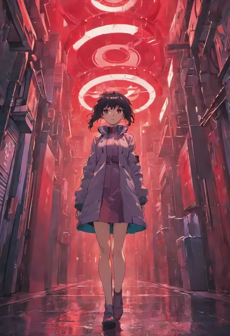 Anime art of ghost in the Shell, detailed scene, red, perfect face, intricately detailed photorealism, trending on artstation, neon lights, rainy day, stunning full body anime art