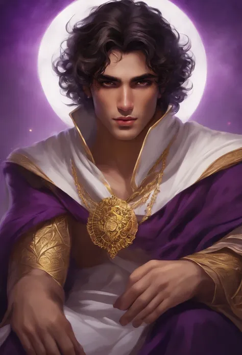 male, young, olive brown skin, wavy short dark violet hair, golden eyes, white fantasy robes, scarred face, pretty