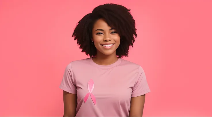 Mulher afro americana, sorridente com fita rosa no fundo cor-de-rosa, menina cor-de-rosa, bonito e sorridente, she is smiling and happy, rosto rosa brilhante, She is grinning, cabelo encaracolado curto escuro sorrindo, Mulher jovem sorridente, roupas cor-d...