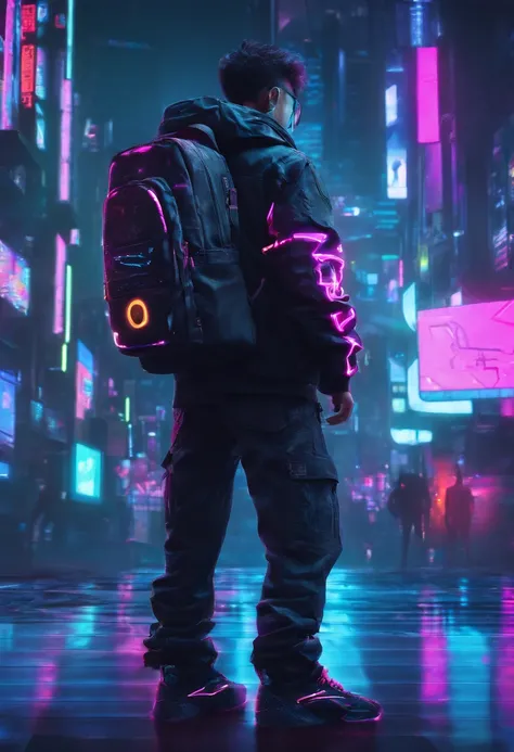 8K，Fine picture quality，Future street background，A cyberpunk boy，Carry this futuristic technology backpack，The backpack has a light，Future lighting camera in hand，Back shadow