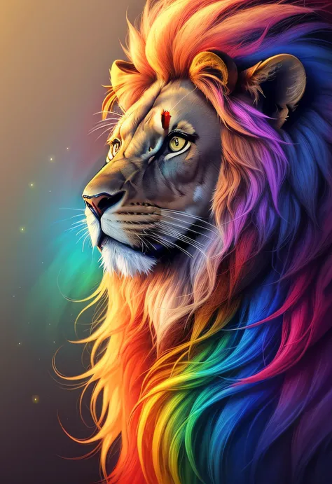 a lion with a rainbow mane and a black background, Gotejamento HD colorido, imagem colorida, bonito e colorido, cores fortes e vibrantes, olhar orgulhoso, lindas cores vibrantes, amazing colors, with the mane of a lion, paper awesome wallpaper, cores vibra...