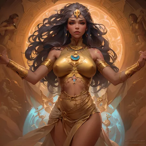 (A beautiful cinematic ornamented female sand goddess, golden dress, glow golden tattoo), (galactic Shaman with Quantum Energy fantasy), fantasy magic, long hairstyle, dark light night, intricate, ethereal, sharp focus, illustration, highly detailed, digit...