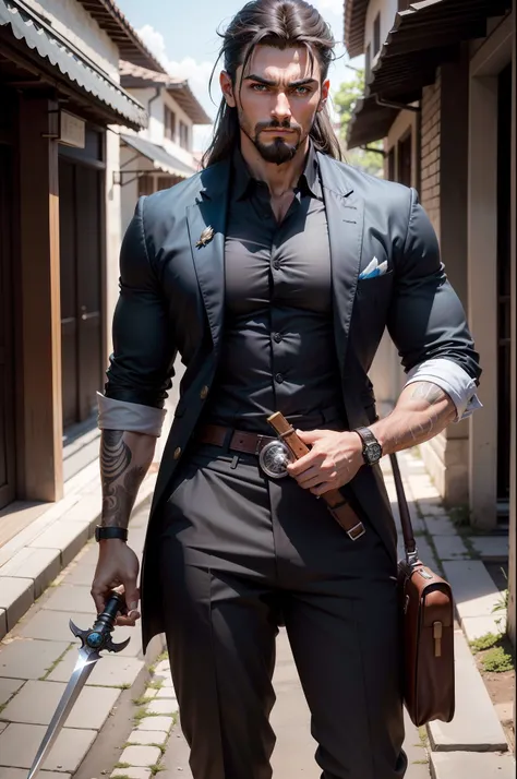 super high res, melhor qualidade, fotografia, 16k, (fotografiarrealista: 1.2), cinematic lighthing, Um homem realista de pele branca,24 anos, 1.80 metros de altura, vestido com um decote alto, camisa de manga comprida, black dress pants, e sapatos pretos, ...