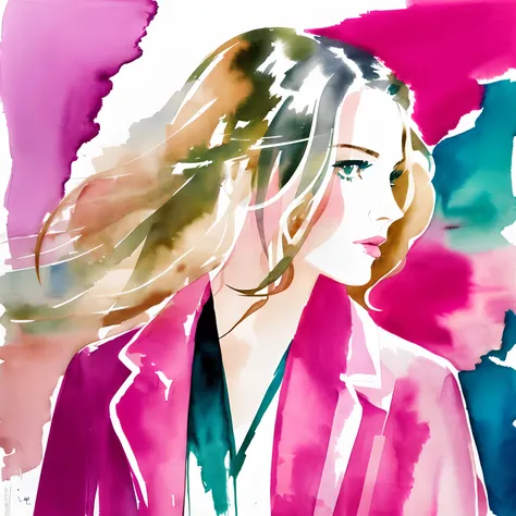 David downton fashion illustration, watercolor drawing, blonde woman, thin hair, pink coat, elegant, street, blue, green, beige, lilnac, natural gentle colors