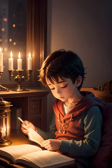 8 year old boy reading book at night, candlelight, in room, cute, colorful, fantasy style